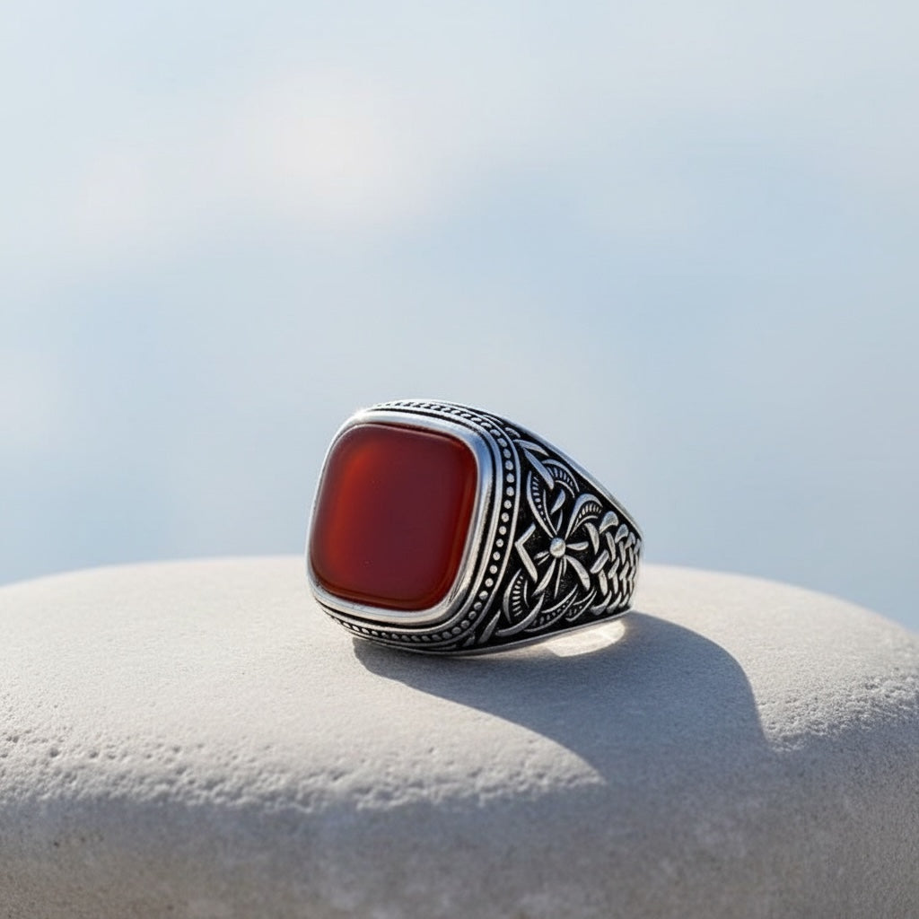 Silver men's ring with agate stone