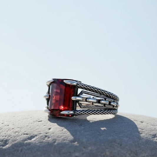 925 Silver Men's Ring With Red Stone