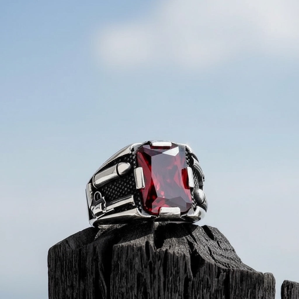 925 Silver men's ring with red stone
