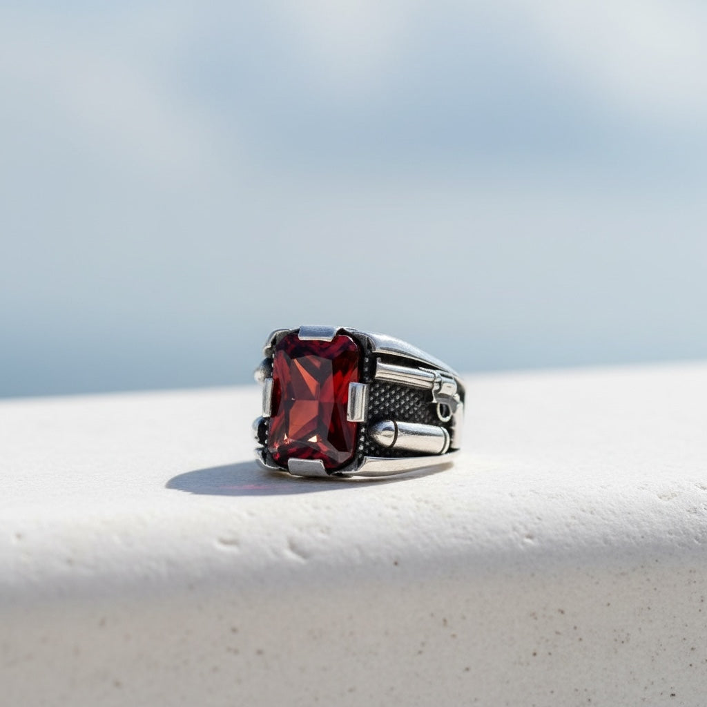 925 Silver men's ring with red stone