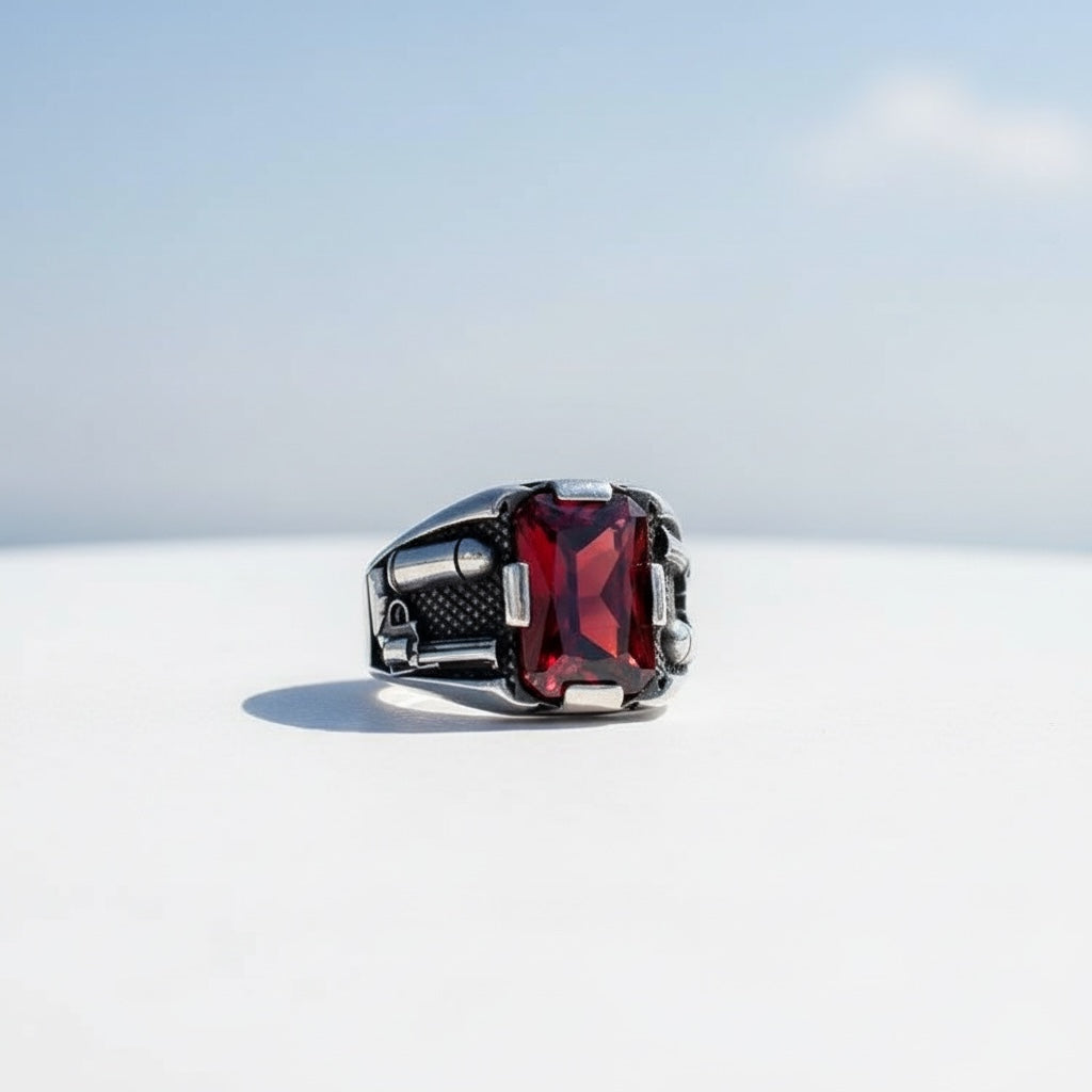 925 Silver men's ring with red stone