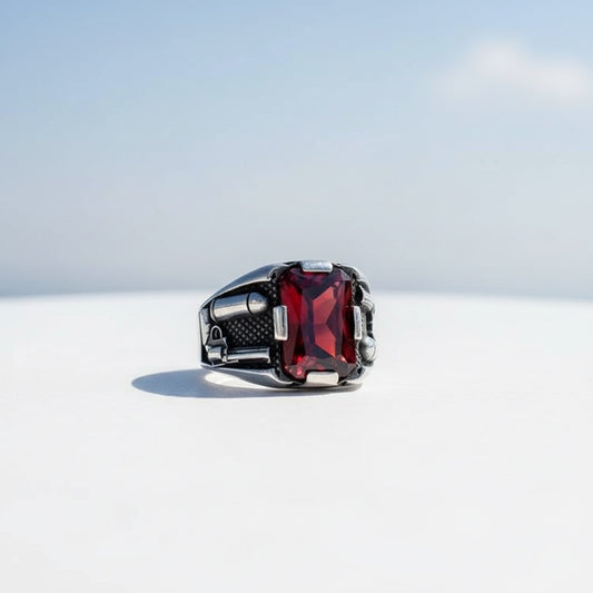 925 Silver men's ring with red stone