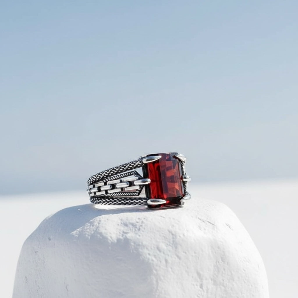 925 Silver Men's Ring With Red Stone