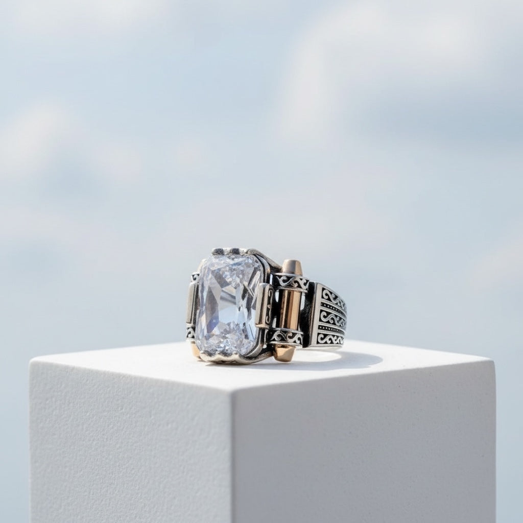 Men's ring with white Zirconia - 925 Sterling Silver