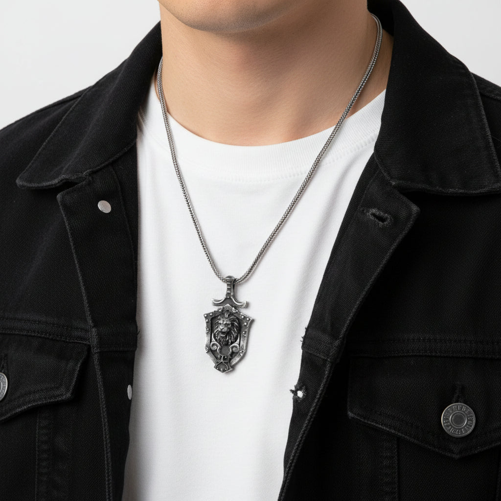 925 Silver Lion Pendant in Shield Design