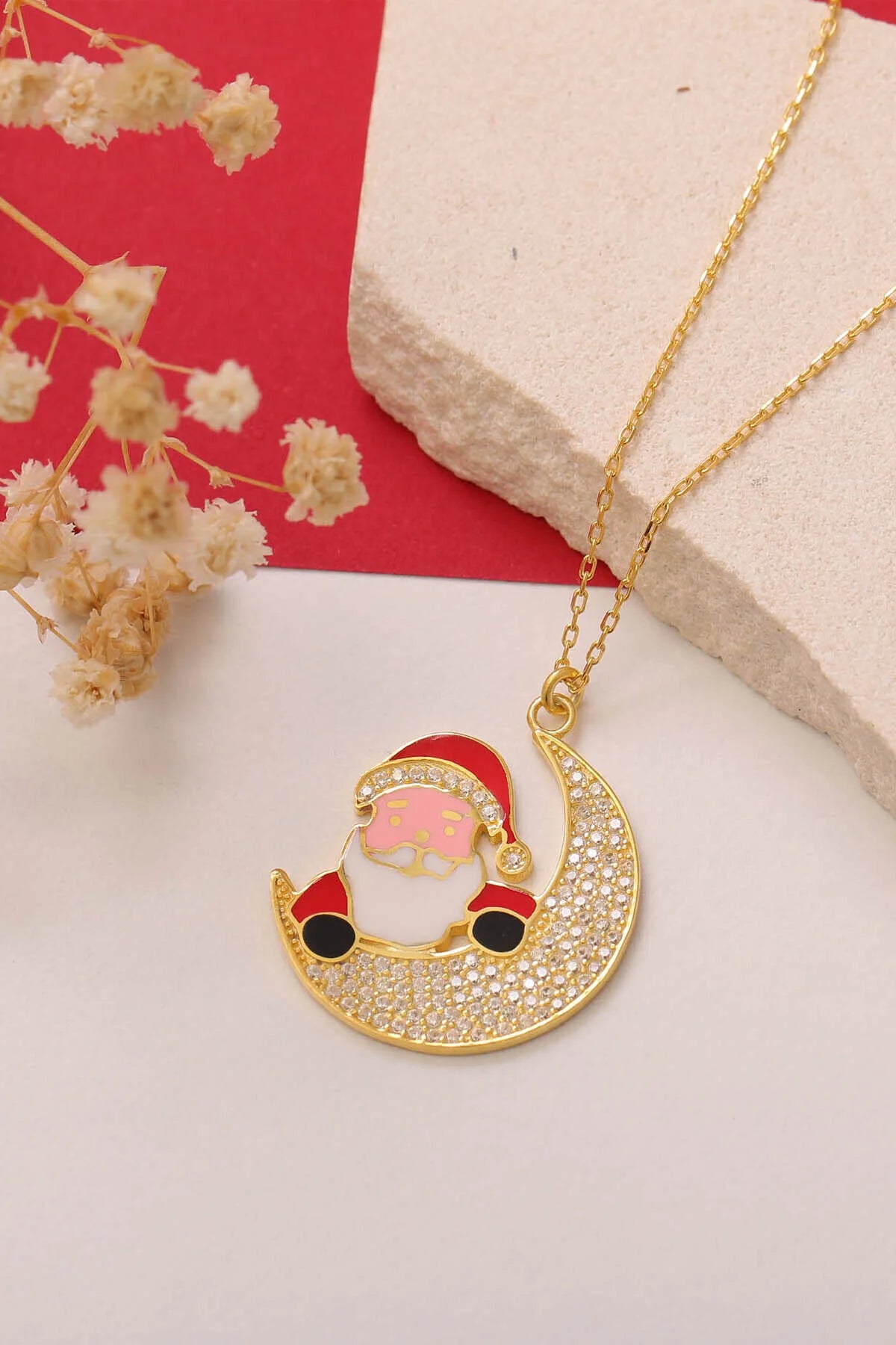 "SantaMoon" 925 Sterling Silver Santa on Moon Necklace