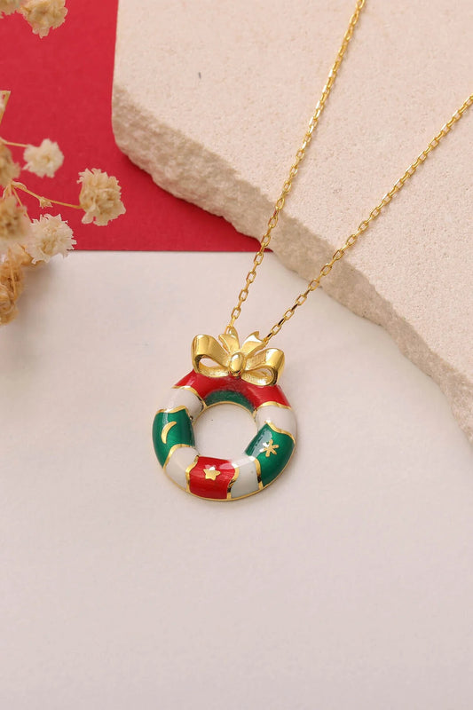 925 Sterling Silver Christmas Wreath Pendant Necklace