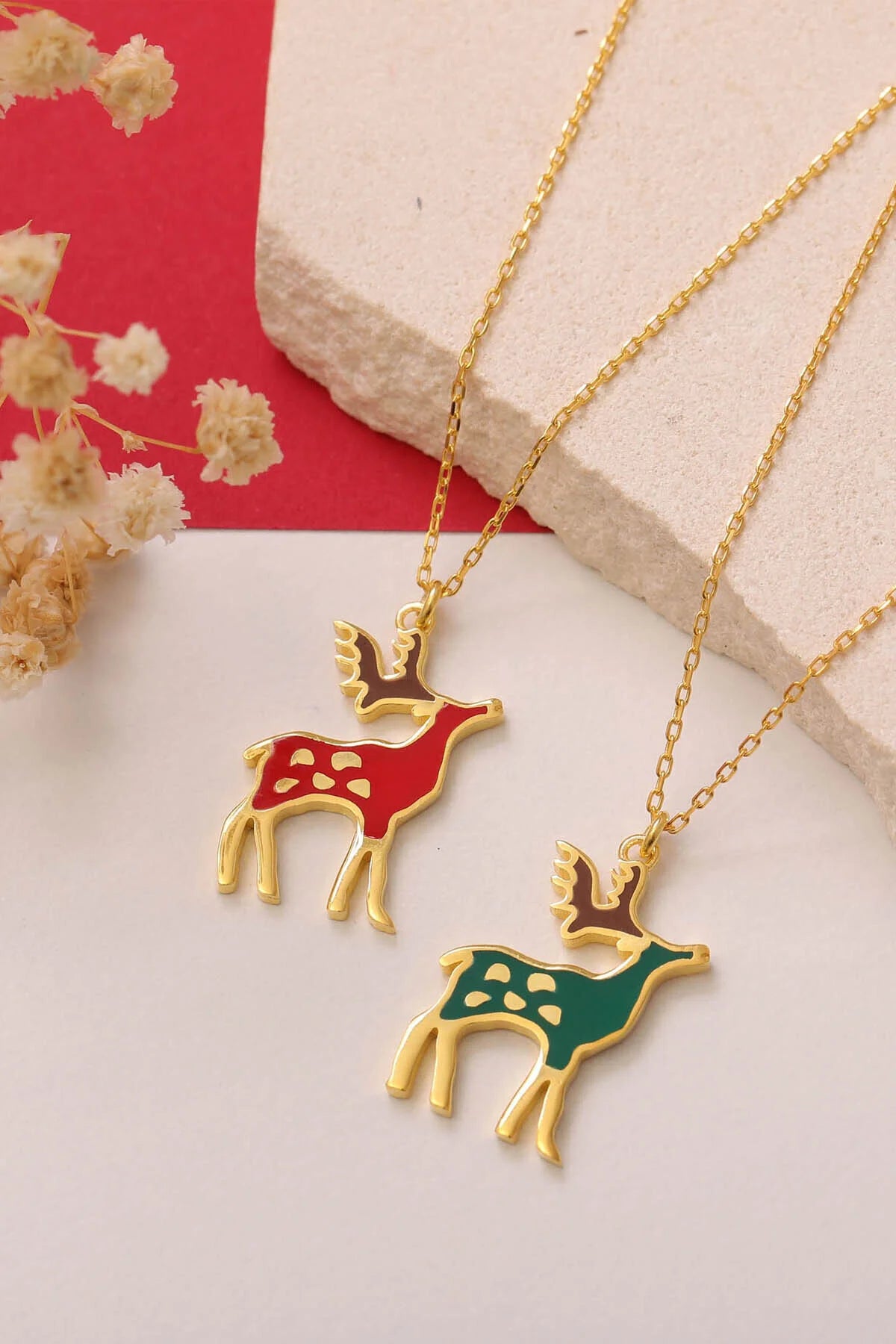 “RudyRein” 925 Sterling Silver Christmas Reindeer Necklace – Red or Green