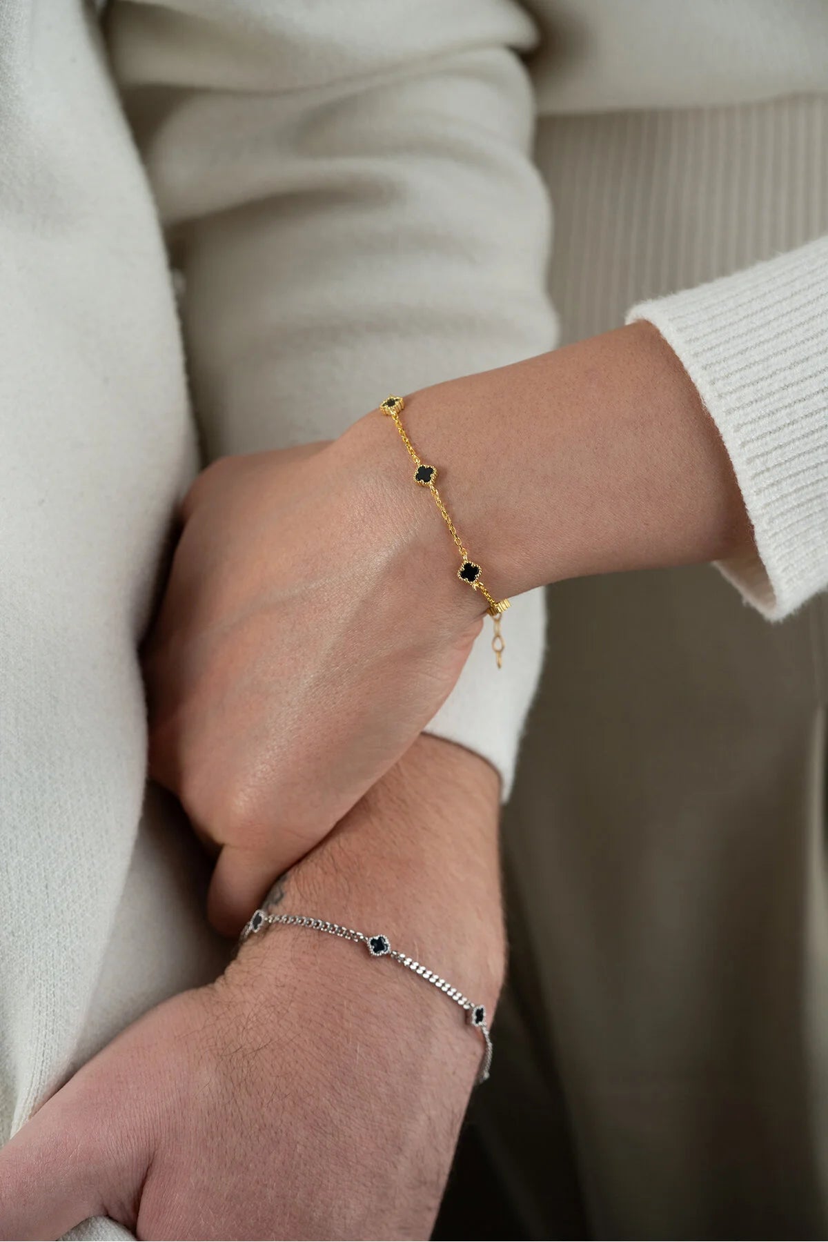 925 Sterling Silver Four Leaf Clover Bracelet Set for Couples