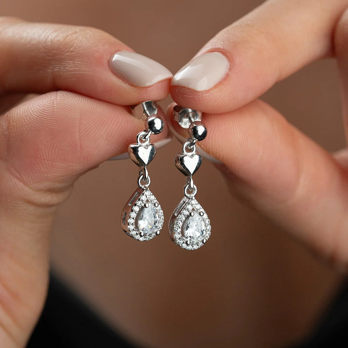 Silver Earrings with Heart and Drop Design