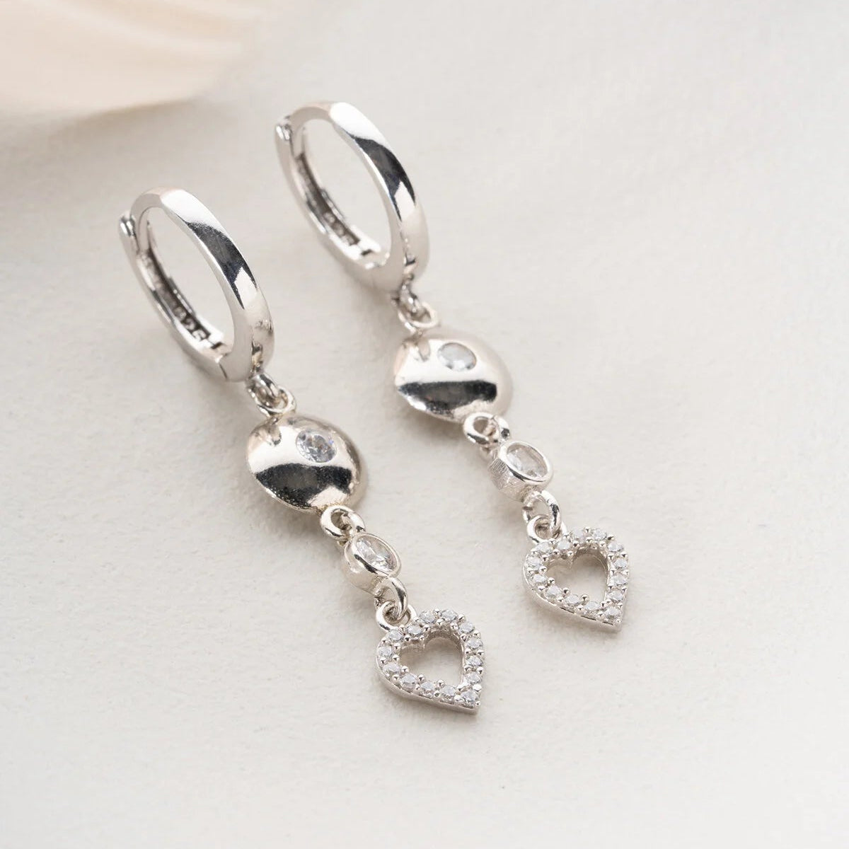 Silver Heart-shaped Earrings with Stones