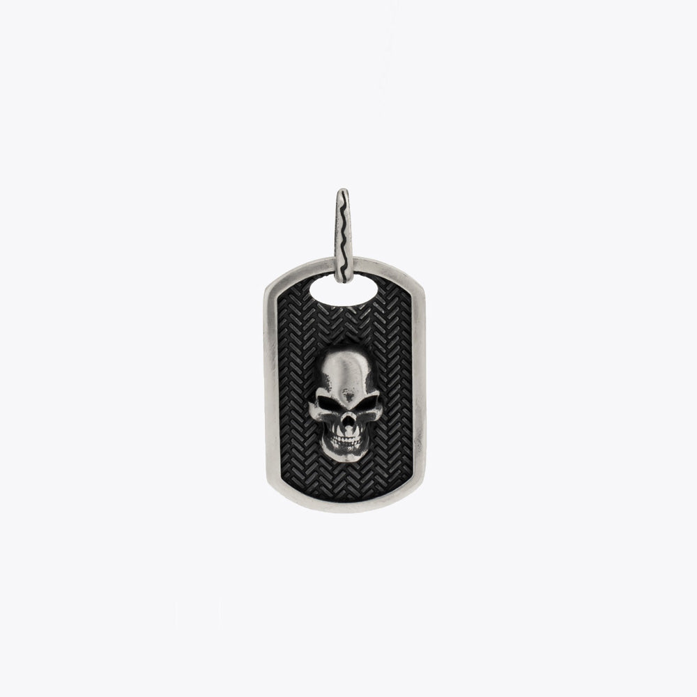 Skull Dog Tag Pendant Necklace, Oxidized Sterling Silver