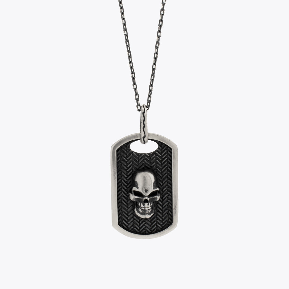 Skull Dog Tag Pendant Necklace, Oxidized Sterling Silver