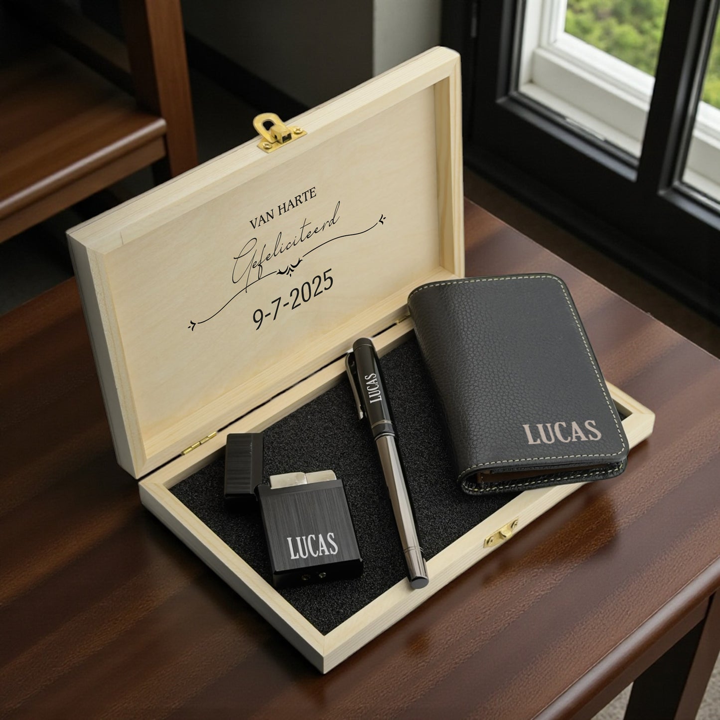 Personalized Black Leather Card Holder Set