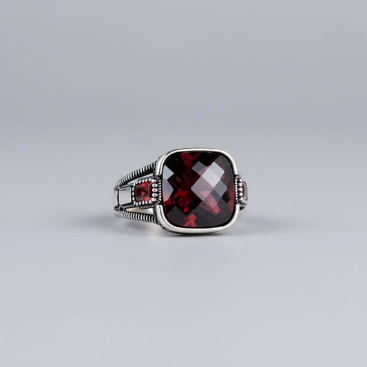 925 Silver Men's Ring with Red Stone