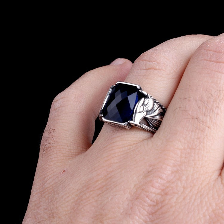 925 Zilveren Herenring met Adelaar Motief en Blauwe Steen