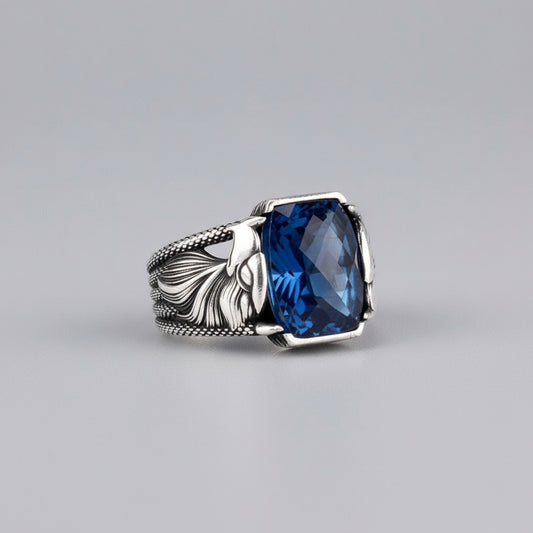 925 Silver Men's Ring with Eagle Motif and Blue Stone