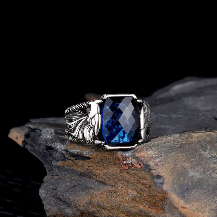925 Zilveren Herenring met Adelaar Motief en Blauwe Steen