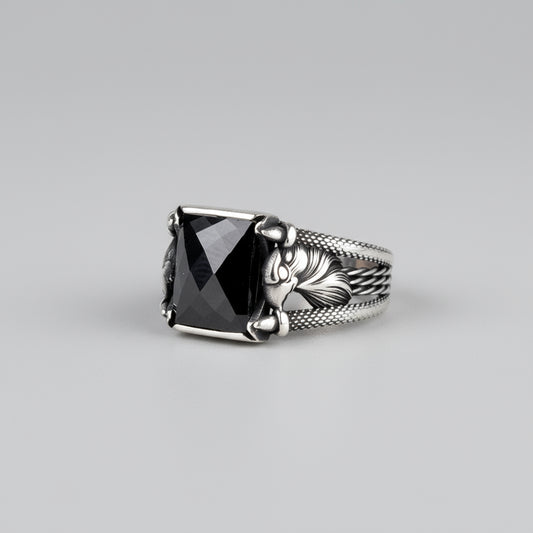 925 Silver Men's Ring with Eagle Motif and Black Stone
