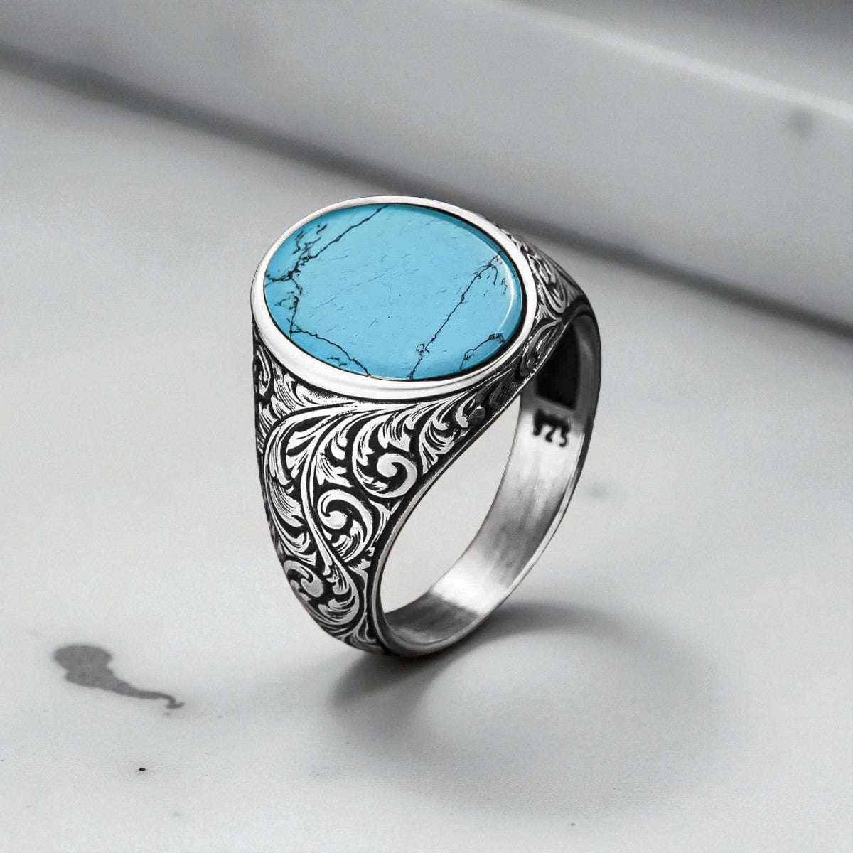 Silver Men's Ring with Oval Turquoise Stone – Handmade Design