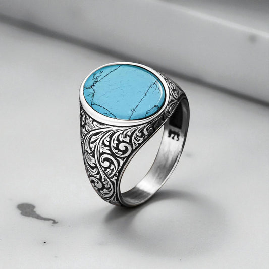 Silver Men's Ring with Oval Turquoise Stone – Handmade Design
