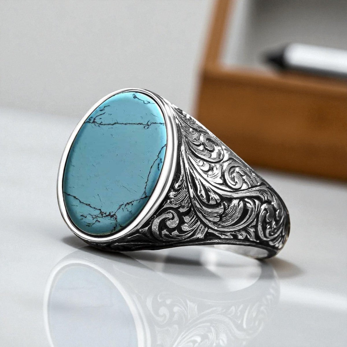 Silver Men's Ring with Oval Turquoise Stone – Handmade Design