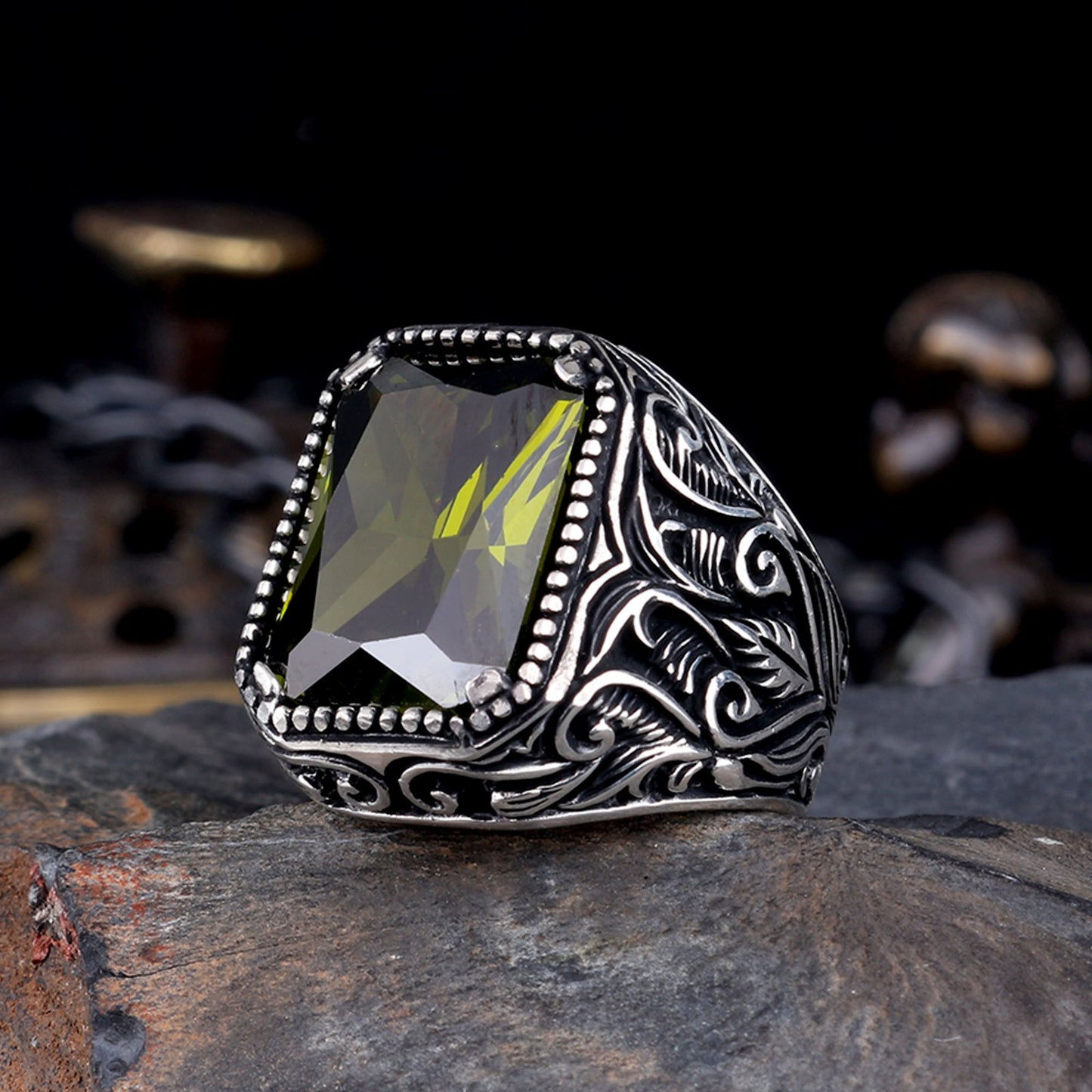 925 Sterling Silver Men's Ring with Khaki Zircon Stone