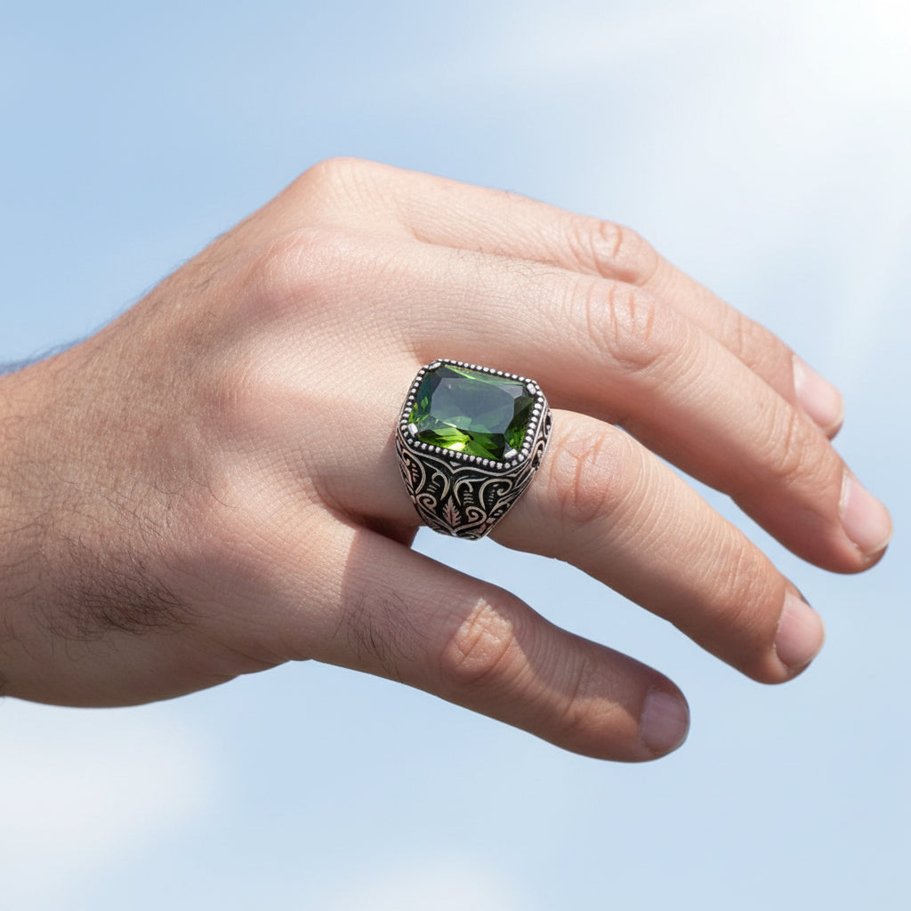 925 Sterling Silver Men's Ring with Khaki Zircon Stone