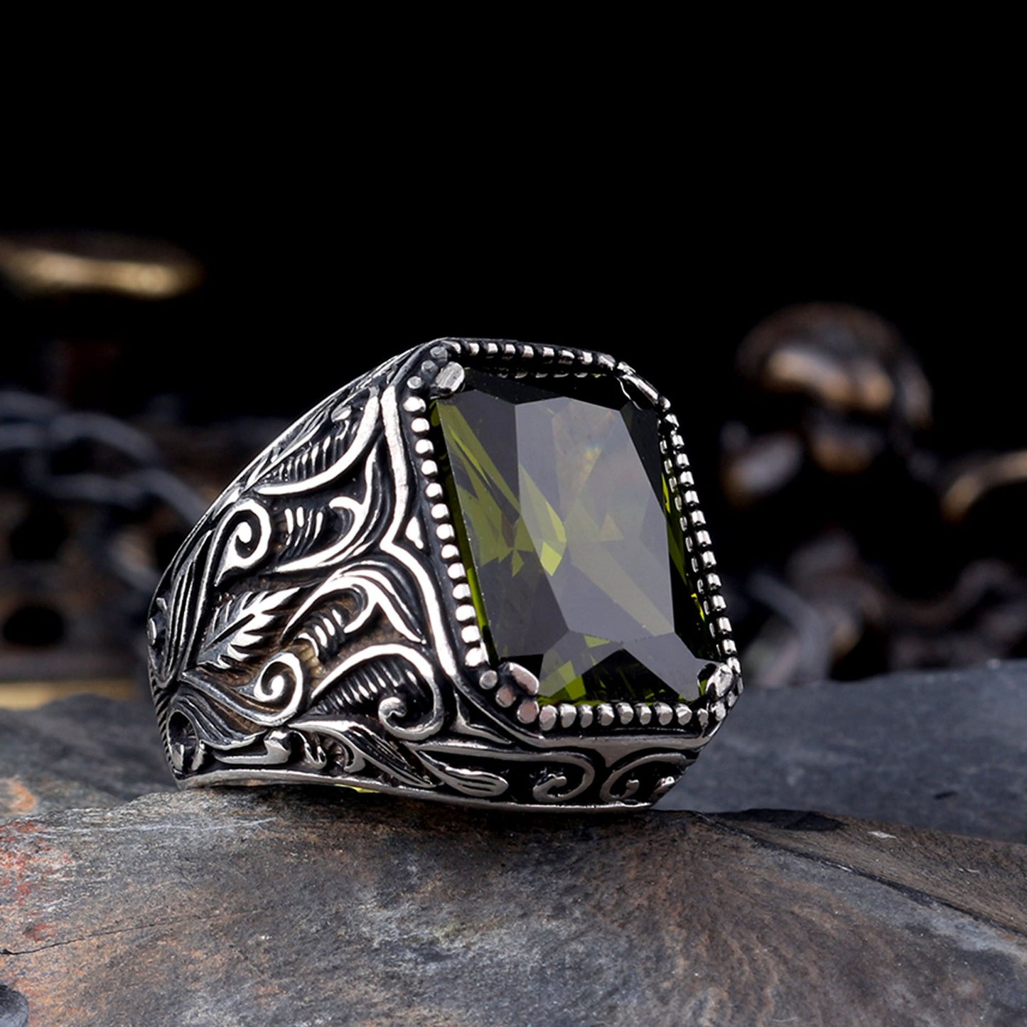 925 Sterling Silver Men's Ring with Khaki Zircon Stone