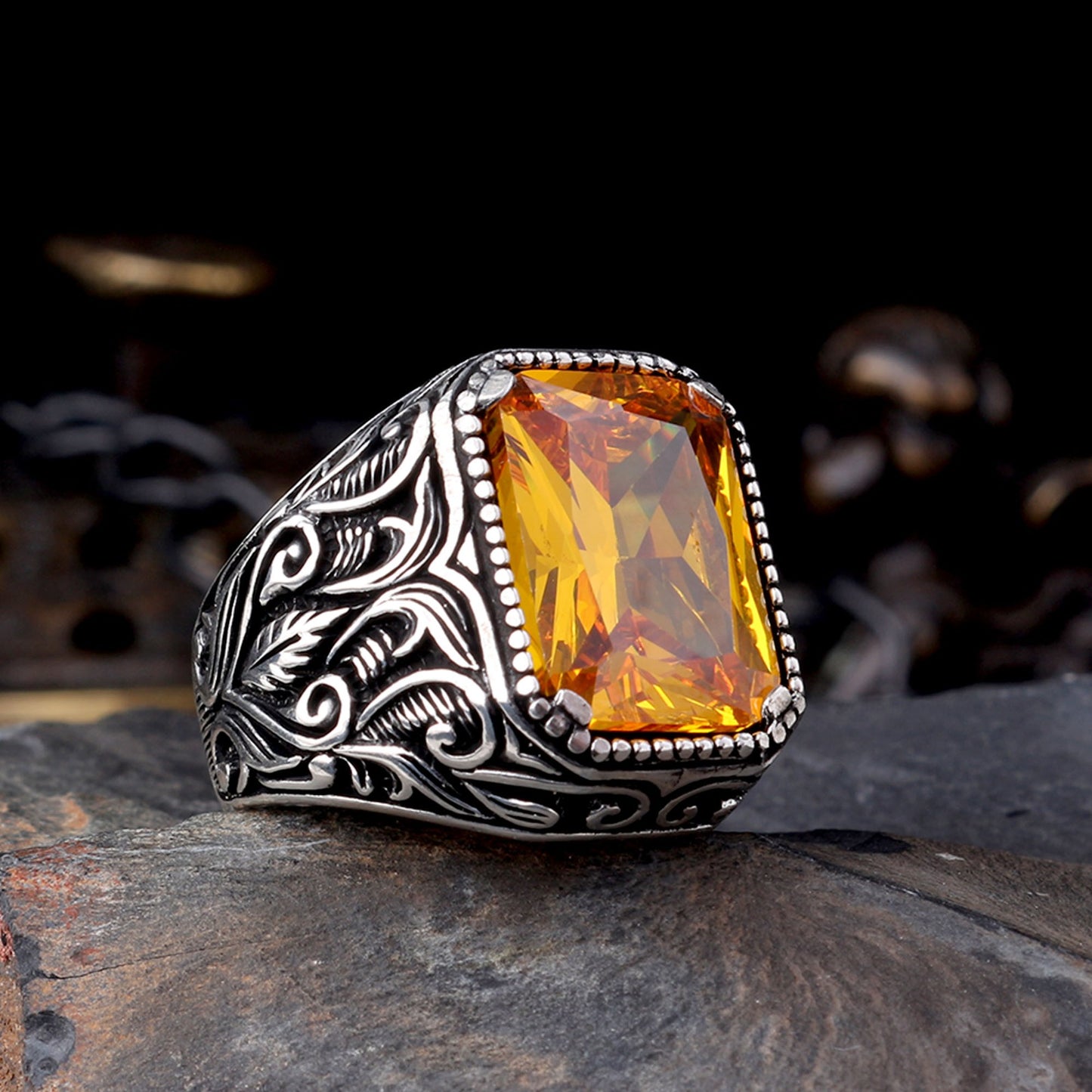 925 Sterling Silver Men's Ring with Yellow Zircon Stone