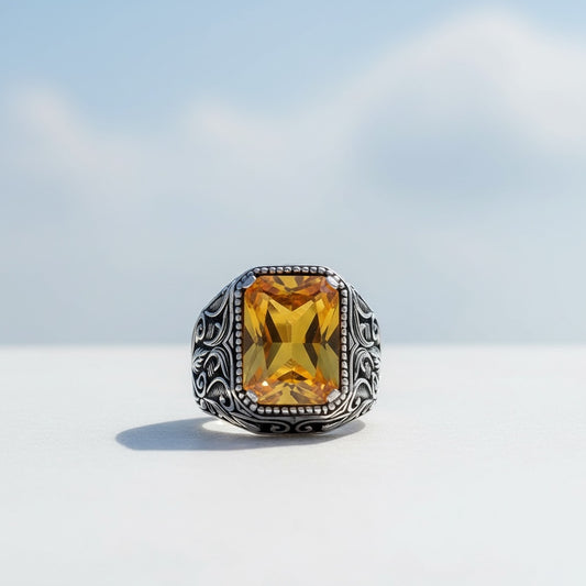 925 Sterling Silver Men's Ring with Yellow Zircon Stone
