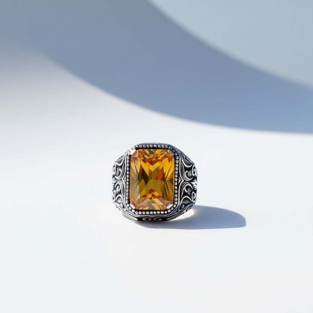 925 Sterling Silver Men's Ring with Yellow Zircon Stone