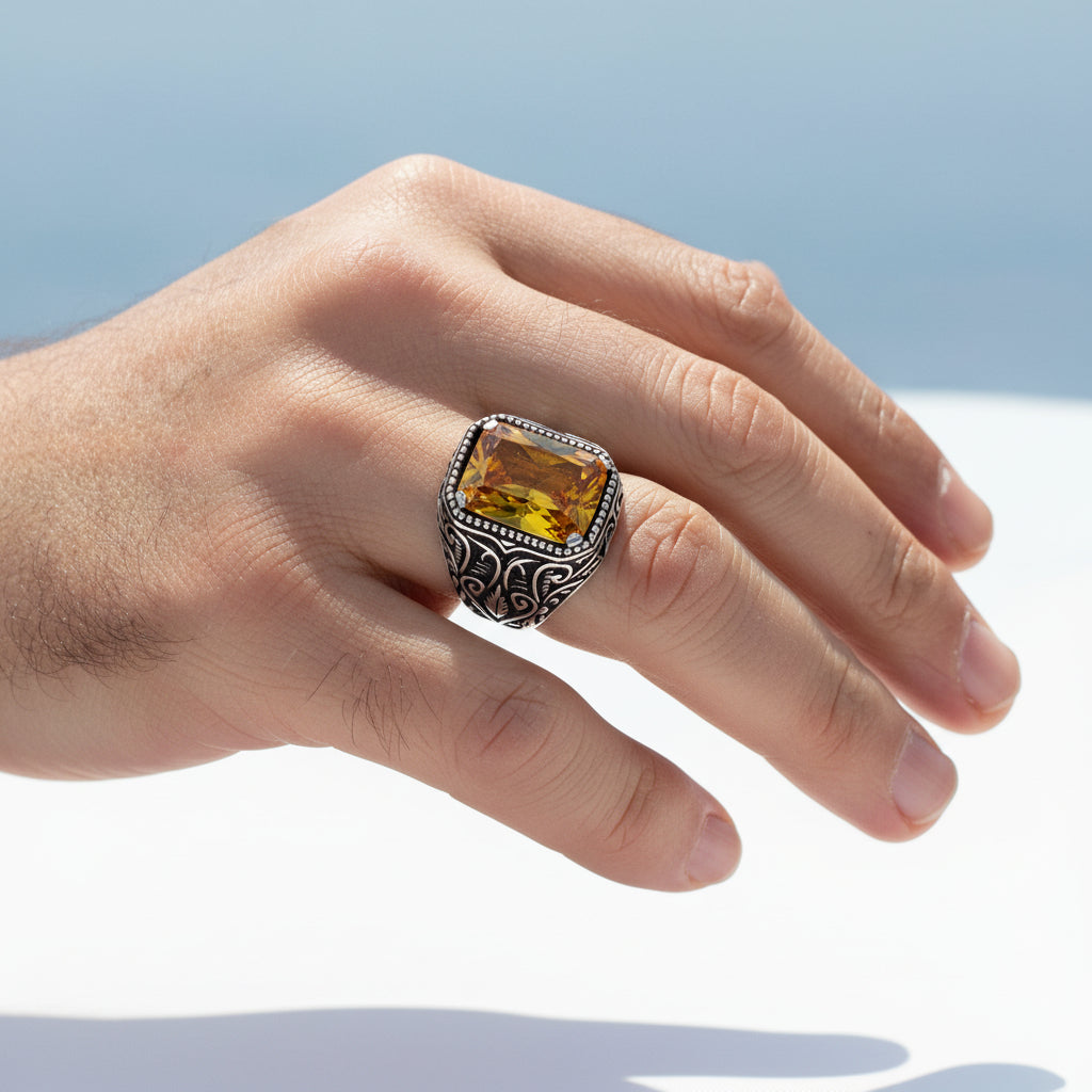 925 Sterling Silver Men's Ring with Yellow Zircon Stone