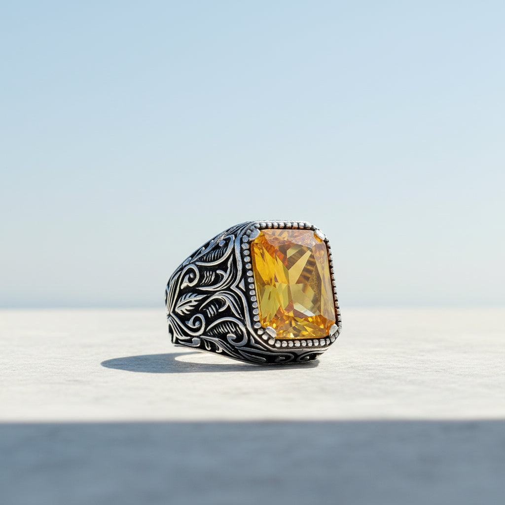 925 Sterling Silver Men's Ring with Yellow Zircon Stone