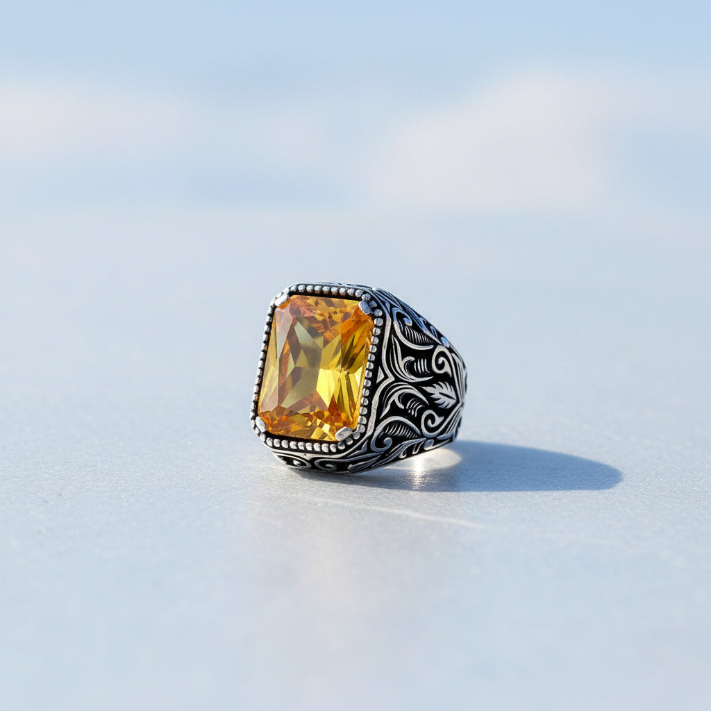 925 Sterling Silver Men's Ring with Yellow Zircon Stone