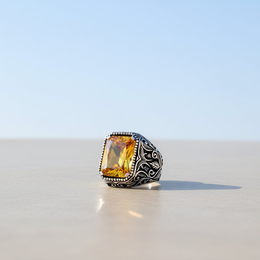 925 Sterling Silver Men's Ring with Yellow Zircon Stone