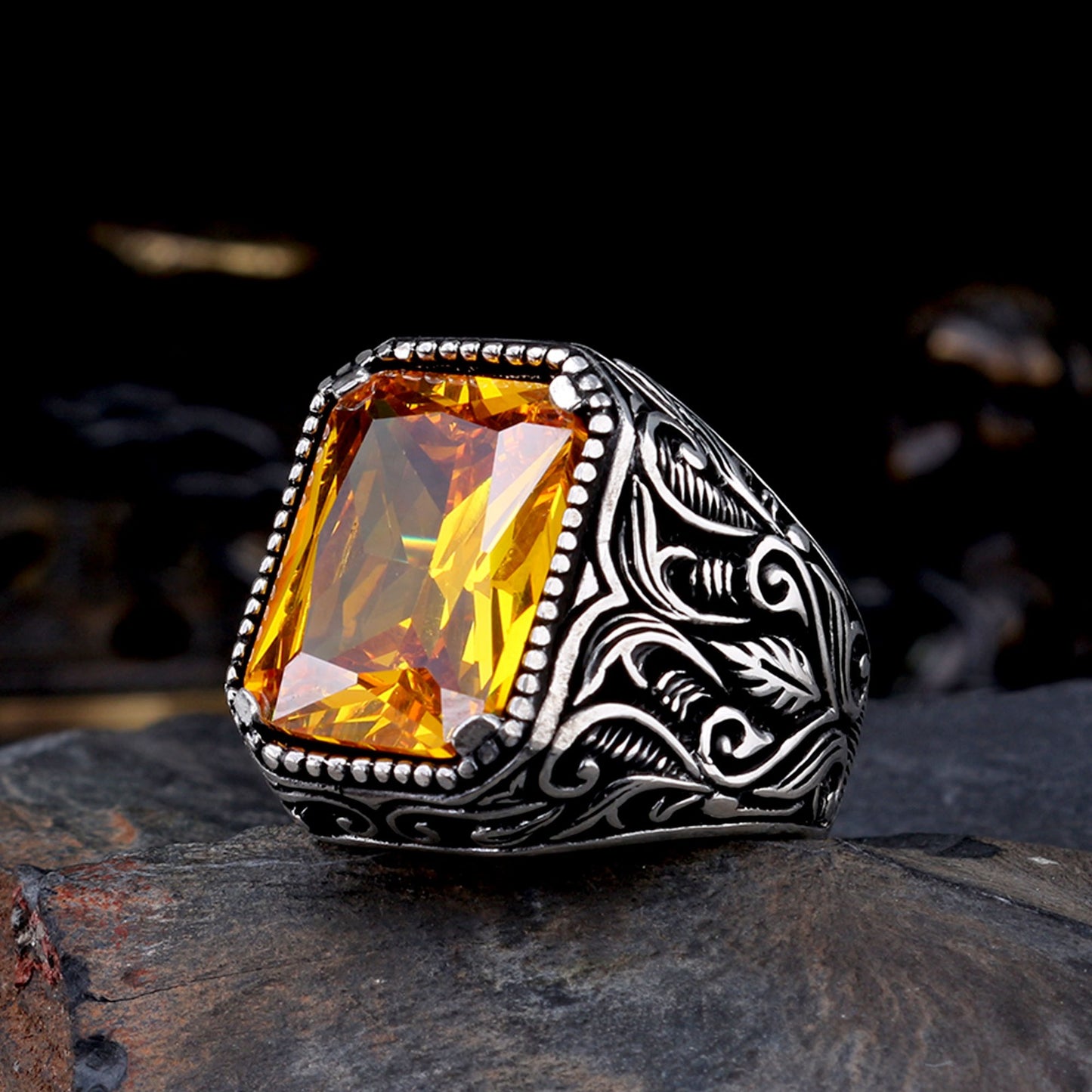 925 Sterling Silver Men's Ring with Yellow Zircon Stone