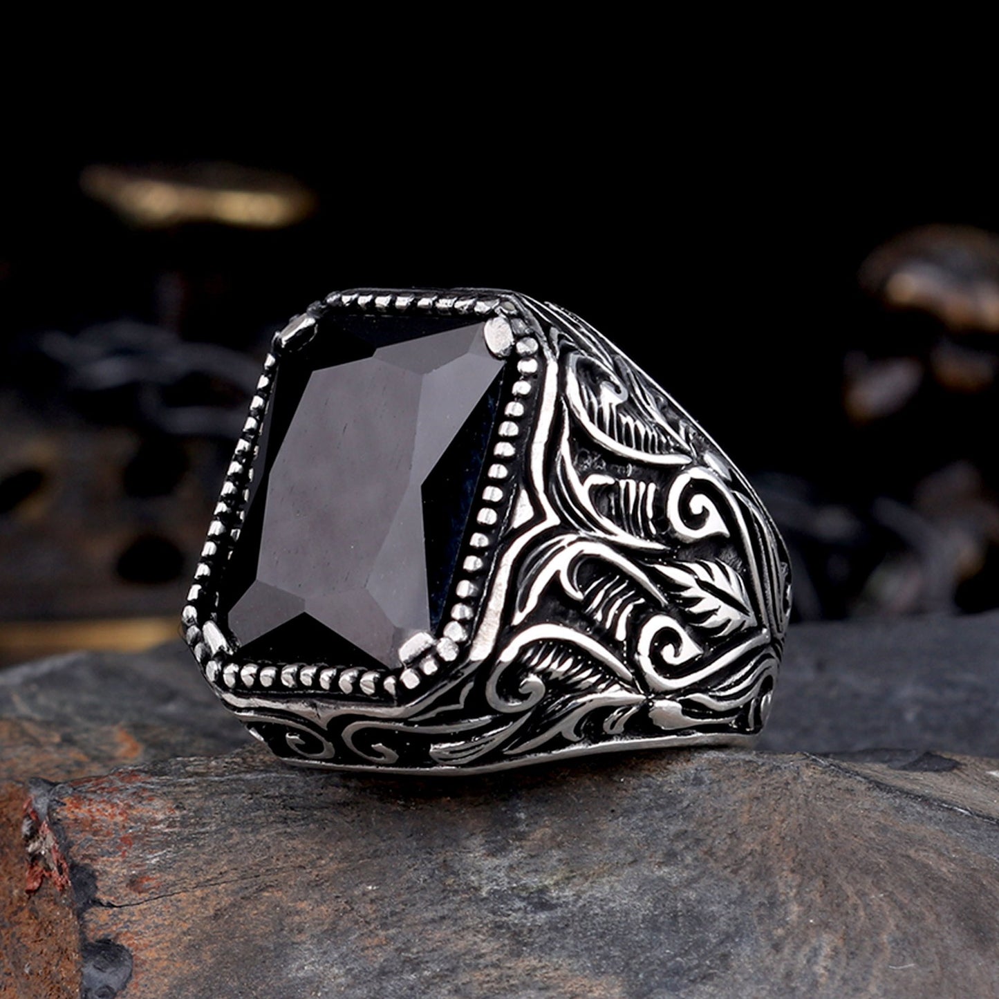 925 Sterling Silver Men's Ring with Black Zircon Stone