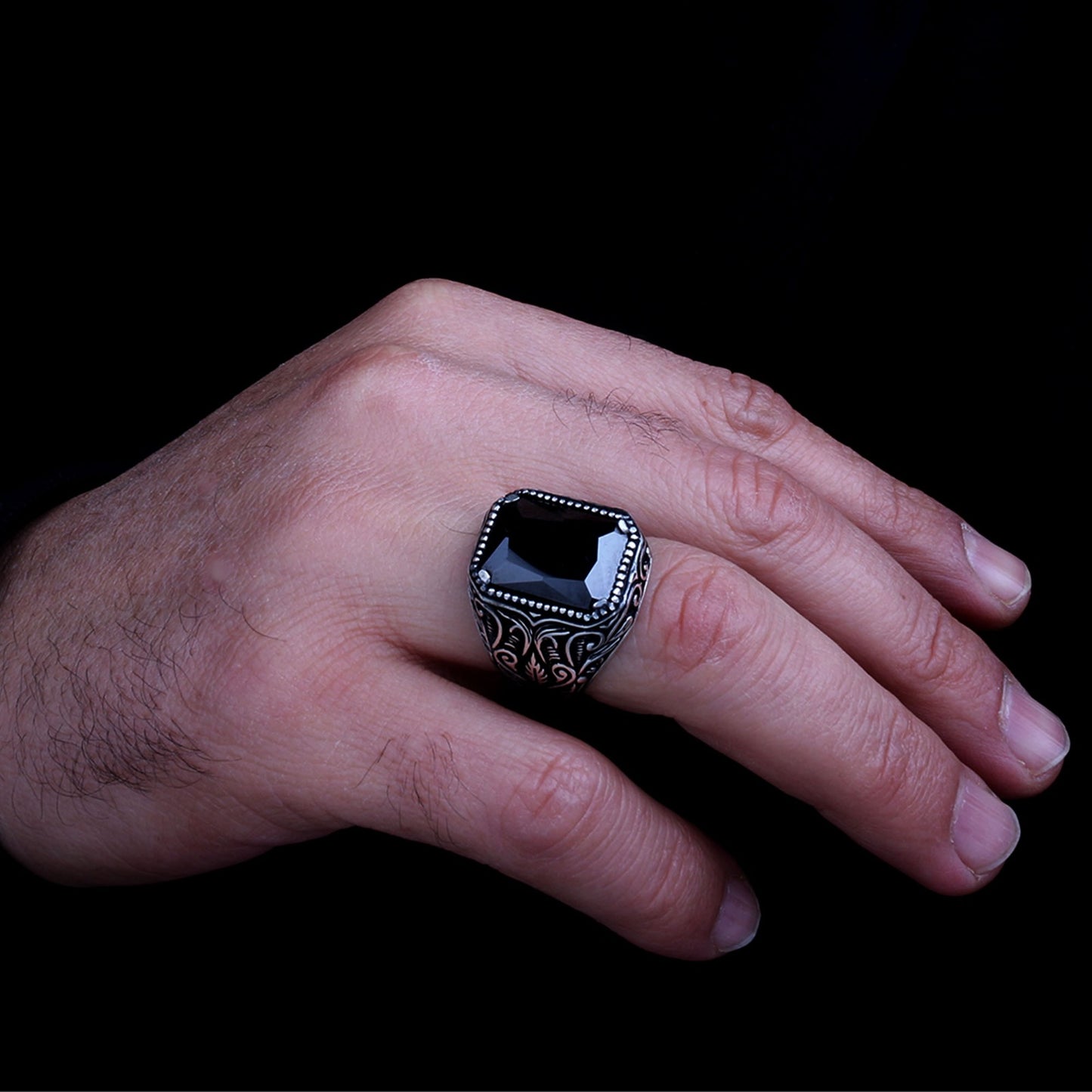 925 Sterling Silver Men's Ring with Black Zircon Stone