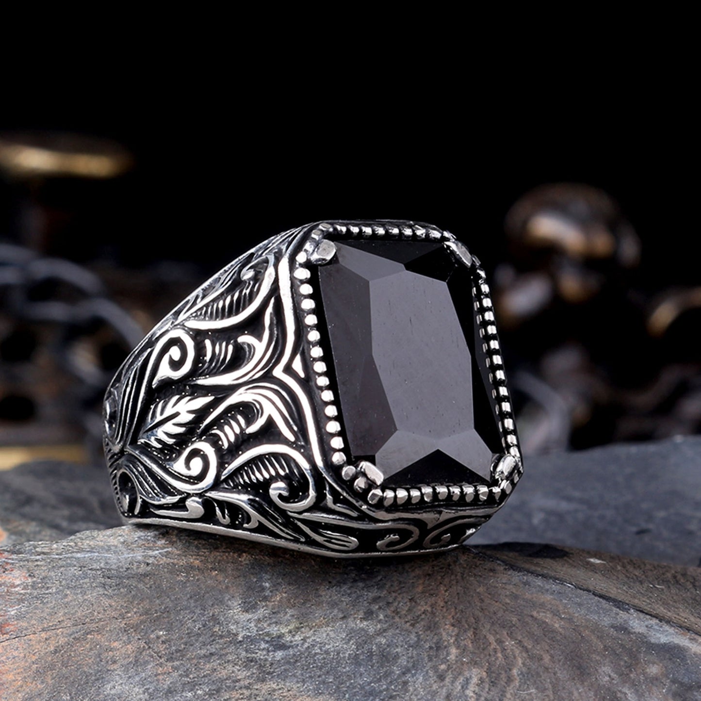 925 Sterling Silver Men's Ring with Black Zircon Stone