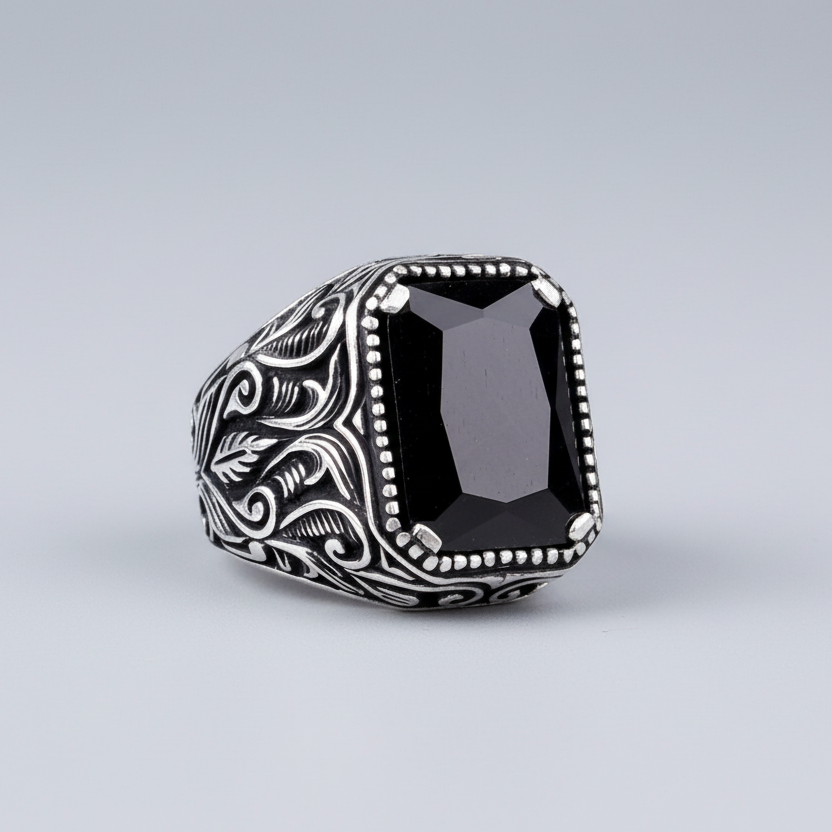 925 Sterling Silver Men's Ring with Black Zircon Stone
