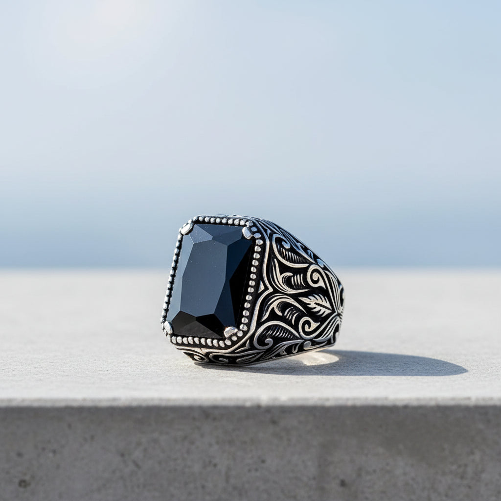 925 Sterling Silver Men's Ring with Black Zircon Stone