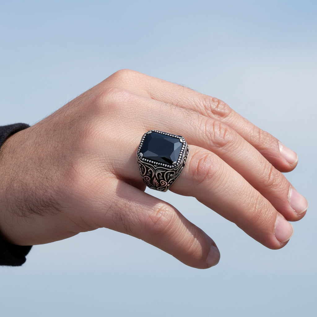 925 Sterling Silver Men's Ring with Black Zircon Stone