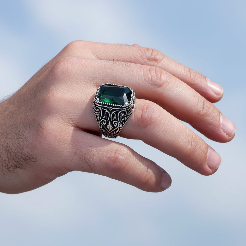 925 Sterling Zilveren Herenring met Groene Zirkoon Steen