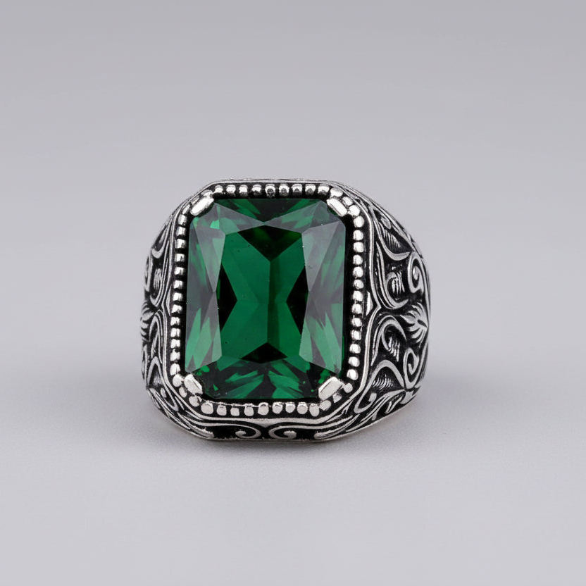 925 Sterling Zilveren Herenring met Groene Zirkoon Steen