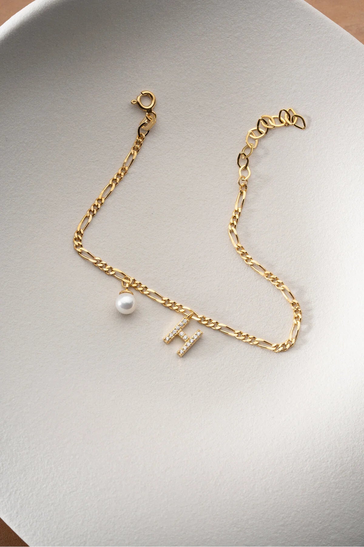 Figaro Chain Initial & Pearl Bracelet | 925 Sterling Silver