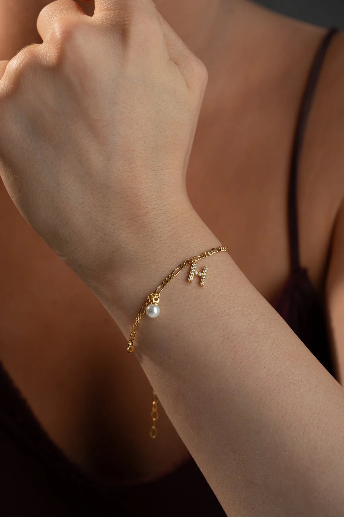 Figaro Chain Initial & Pearl Bracelet | 925 Sterling Silver