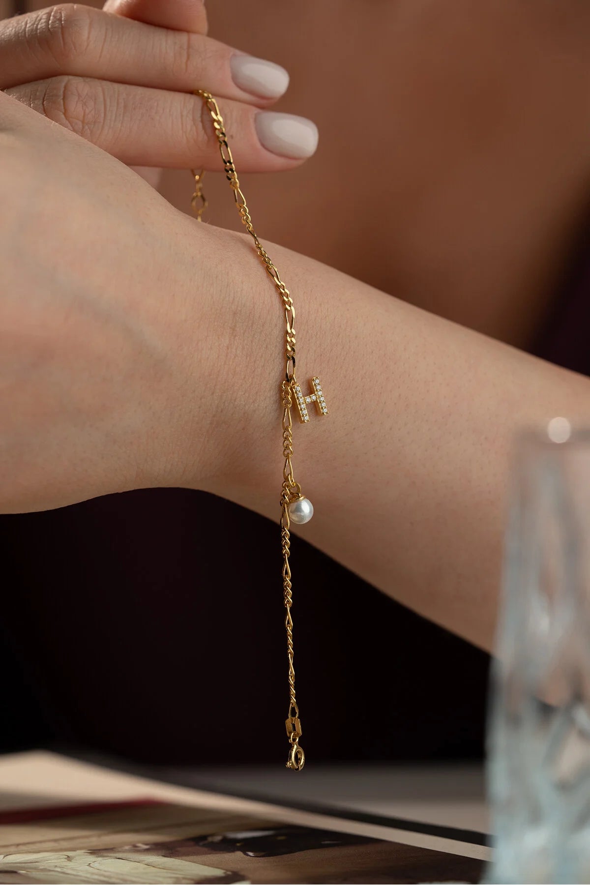 Figaro Chain Initial & Pearl Bracelet | 925 Sterling Silver