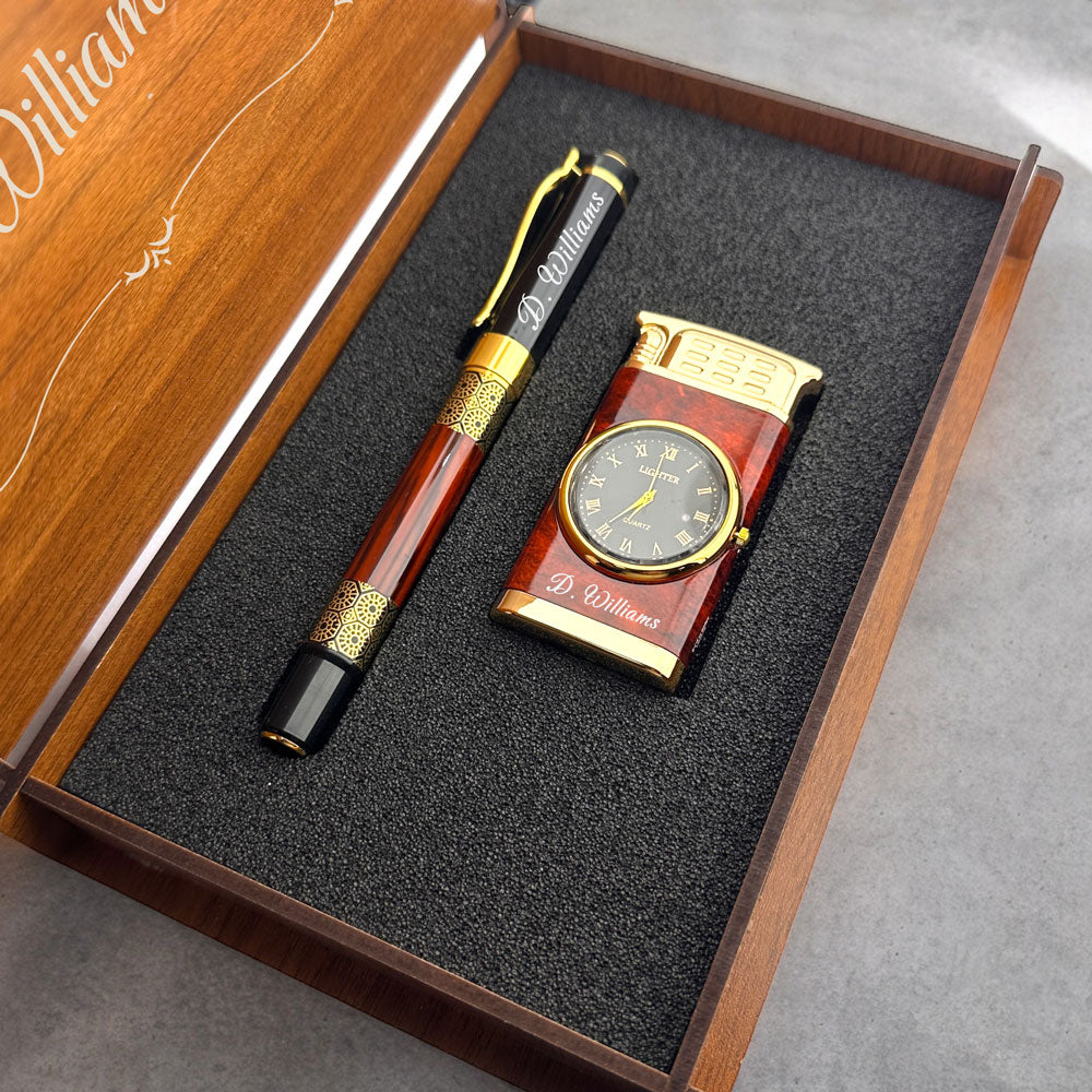 Personally Engraved Lighter with Watch and Rollerball Pen Gift Set - In Wooden Box