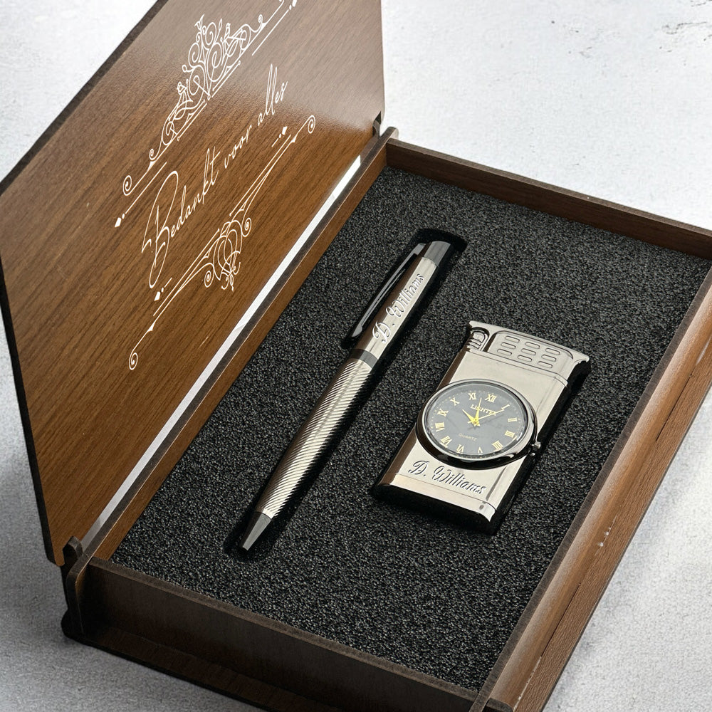 Personally Engraved Lighter with Watch and Ballpoint Pen Gift Set - In Wooden Box D2